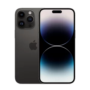 Product image cutout of Apple iPhone 14 Pro for business showing screen and triple camera