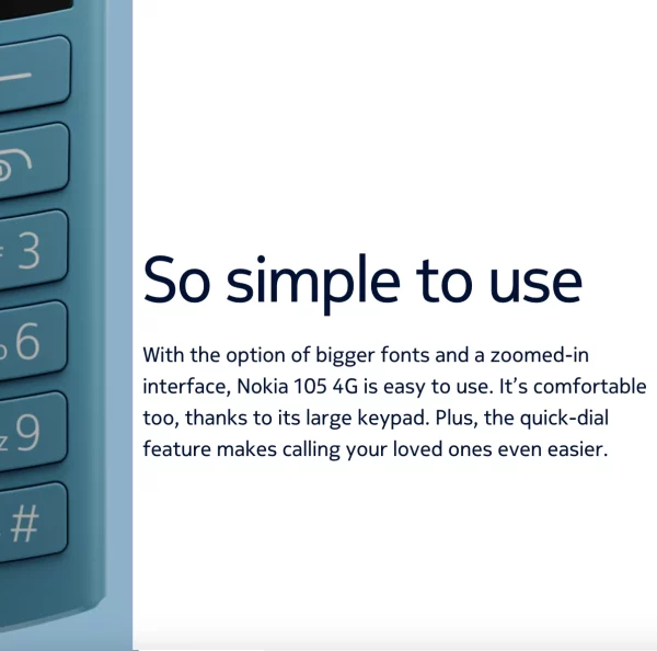 Close-up of Nokia 105 4G keypad and quick-dial features