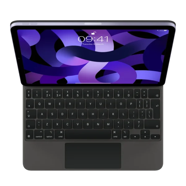 Overhead image of Apple Magic Keyboard in black, attached to iPad 11