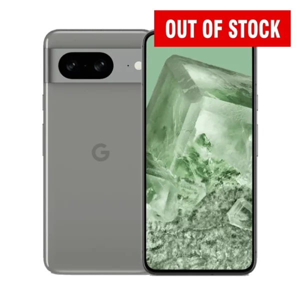 Front & rear side of Google Pixel 8 smartphone in green