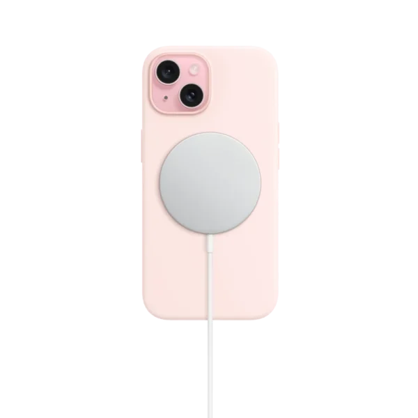 Cutout of iPhone 15 using Apple Magsafe wireless charger