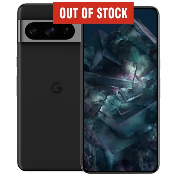 Front & rear side of Google Pixel 8 Pro smartphone in Obsidian Black