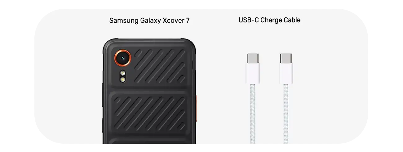 Samsung Galaxy Xcover 7 for business box contents including smartphone and charger