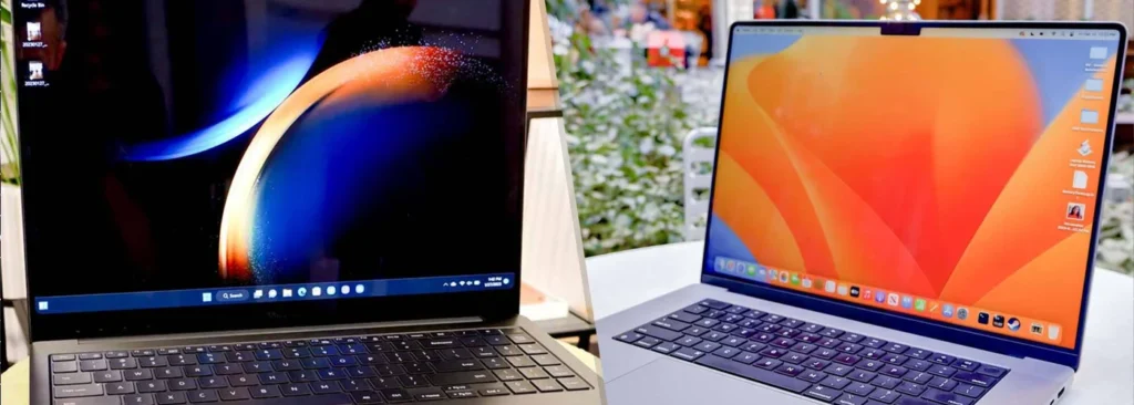 Split-screen shot of Apple MacBook vs Samsung Book laptops