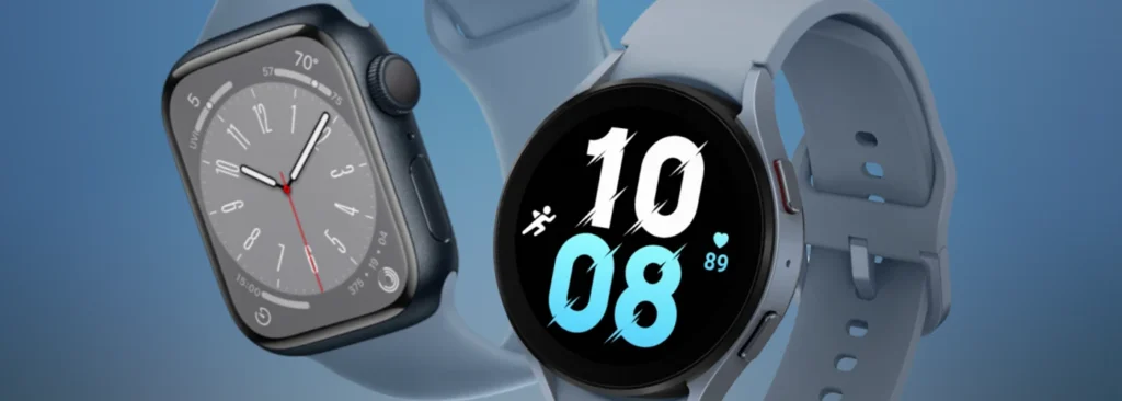 Close up shot of Apple Watch 9 and Samsung Galaxy Watch