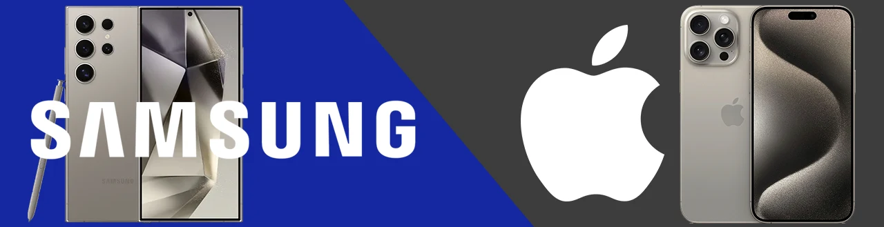 Banner with Apple vs Samsung logos alongside iPhone 15 Pro Max and Galaxy S24 Ultra mobile phones