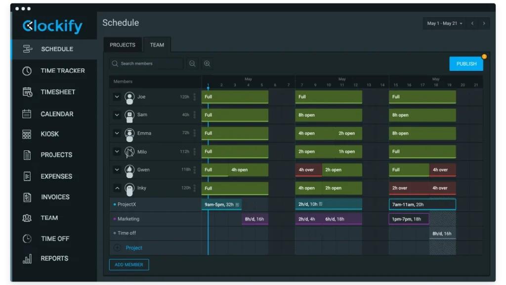 Screenshot of Clockify Free Time Tracking app platform with activity of each employee