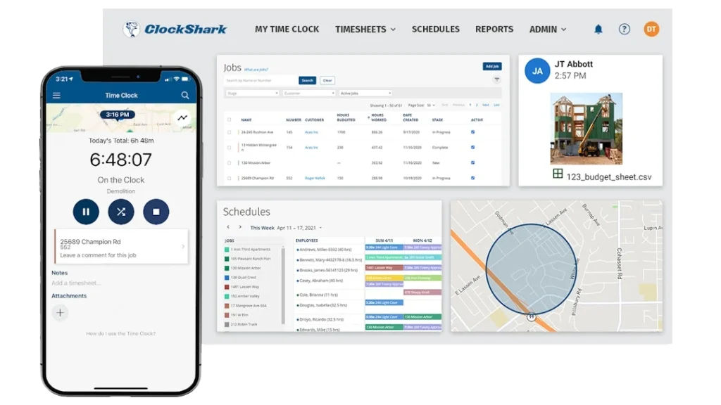 Screenshot of ClockShark Free Time Tracking app platform on mobile and desktop