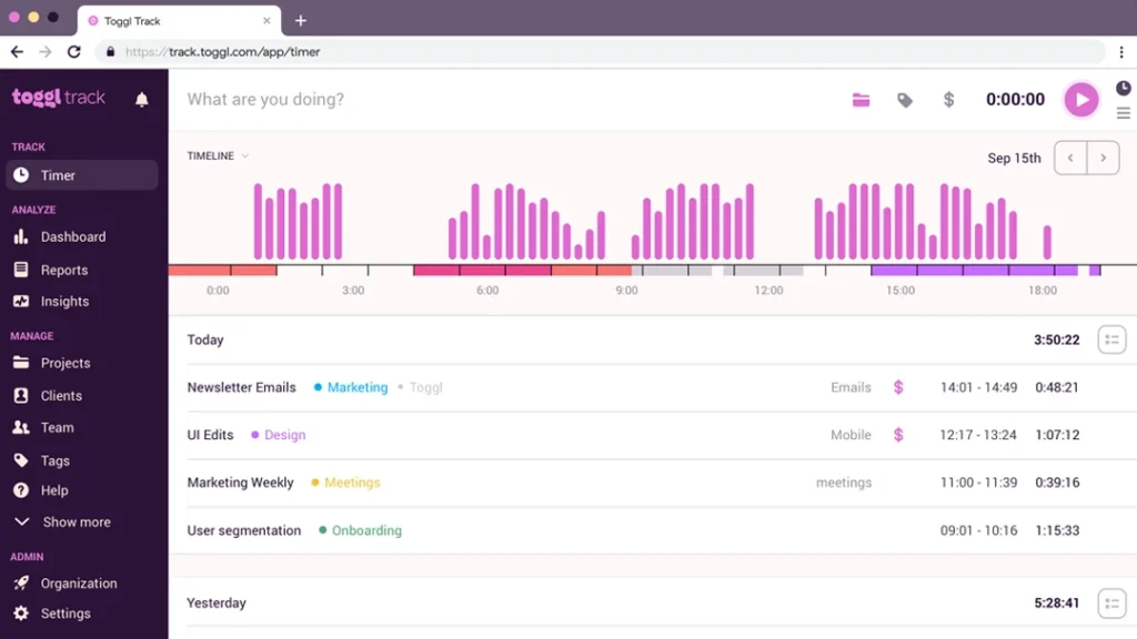 Screenshot of TogglTrack Free Time Tracking app platform on desktop