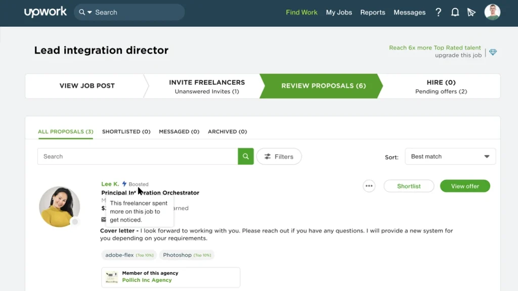 Screenshot of UpWork Free Time Tracking app platform also being used for recruitment