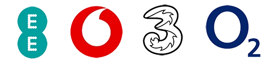 EE, Vodafone, Three, and O2 business mobile network logos