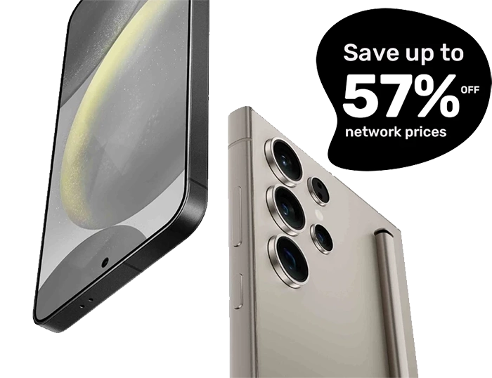 Apple iPhone and Samsung S24 Ultra business mobile deals banner with up to 57% off network prices