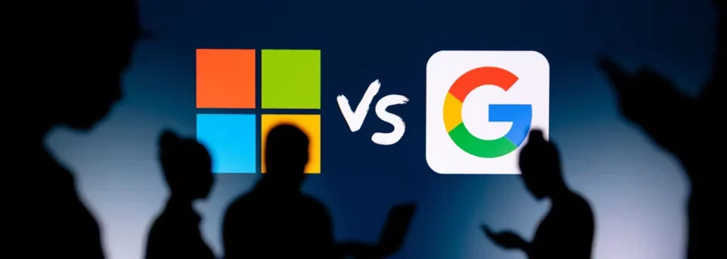 Microsoft vs Google logos with silhouettes of smartphone users in foreground