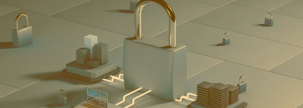 Padlock on circuit board with laptop representing cyber security and data protection