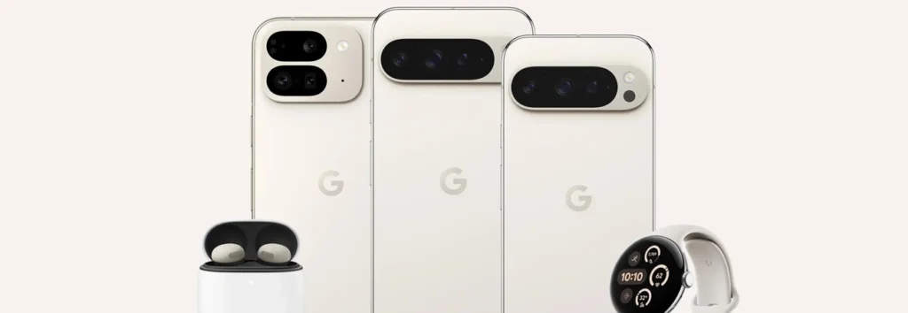 Google Pixel 9, 9 Pro, and 9 Pro XL Lineup with wireless earphones and smart watch