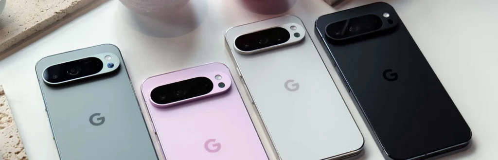 Row of 4 Google Pixel 9 Pro phones in Green, Pink, White, and Black