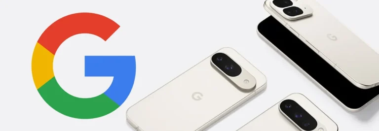 Google Pixel 9, 9 Pro, and 9 Fold next to giant Google logo