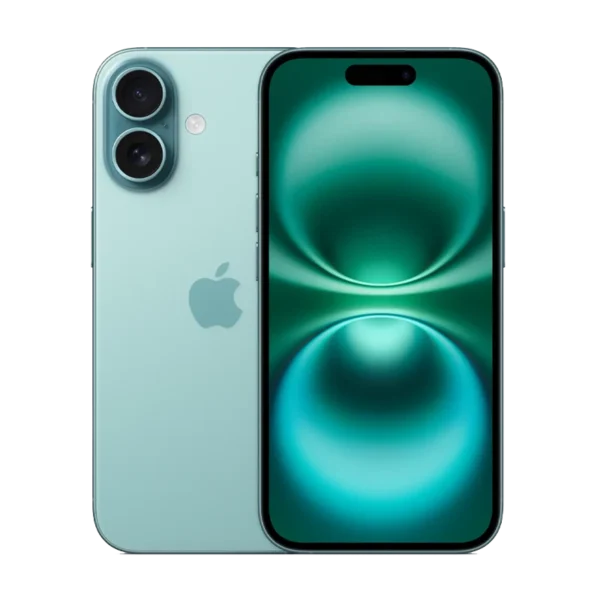 Front and rear side of Apple iPhone 16 and Plus in Teal Green