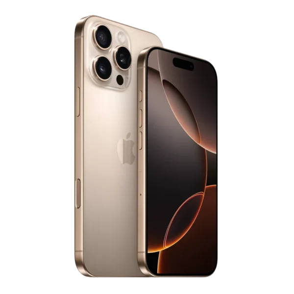 Front and rear side of iPhone 16 Pro and Pro Max in Natural Titanium business