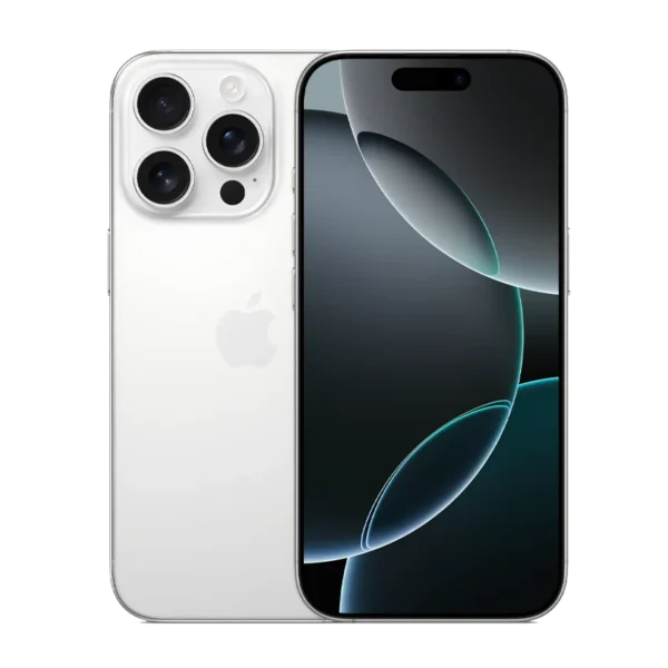 Front and rear side of iPhone 16 Pro and Pro Max in White Titanium business