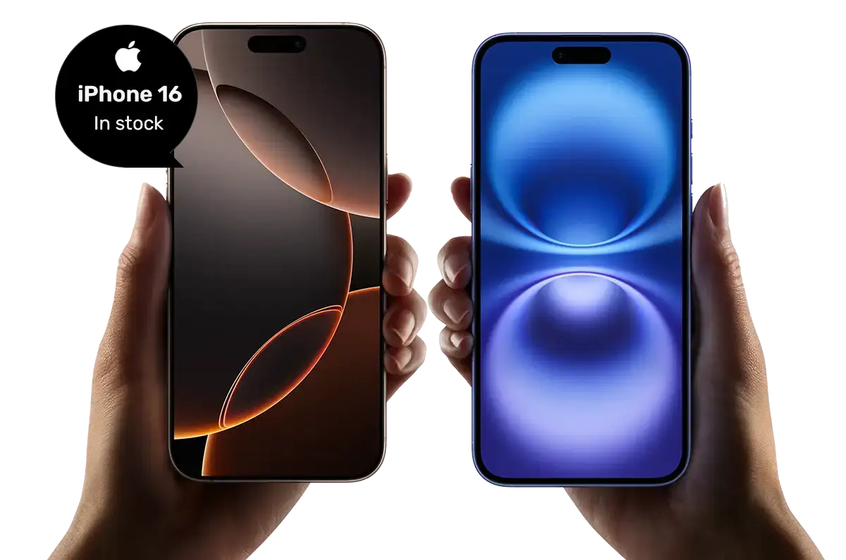 Hands holding up iPhone 16 and 16 Pro Max hands business banner