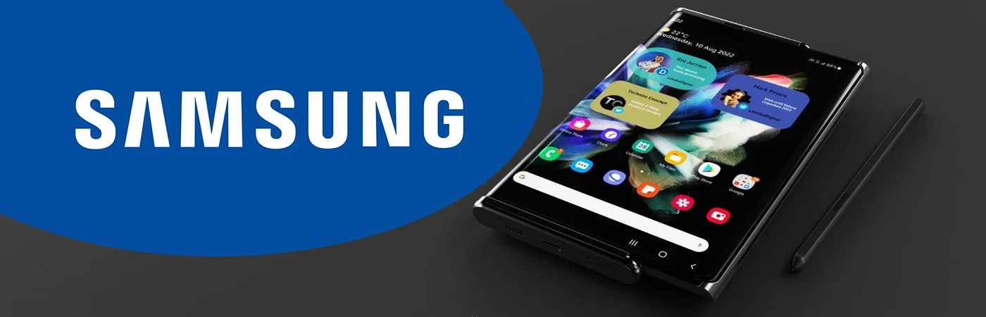 Samsung Logo superimposed over new rumoured rollable/rolling display phone concept