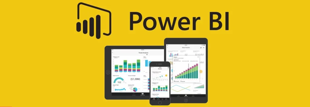 Microsoft Power BI Business AI tools showcased on tablet, mobile, and laptop