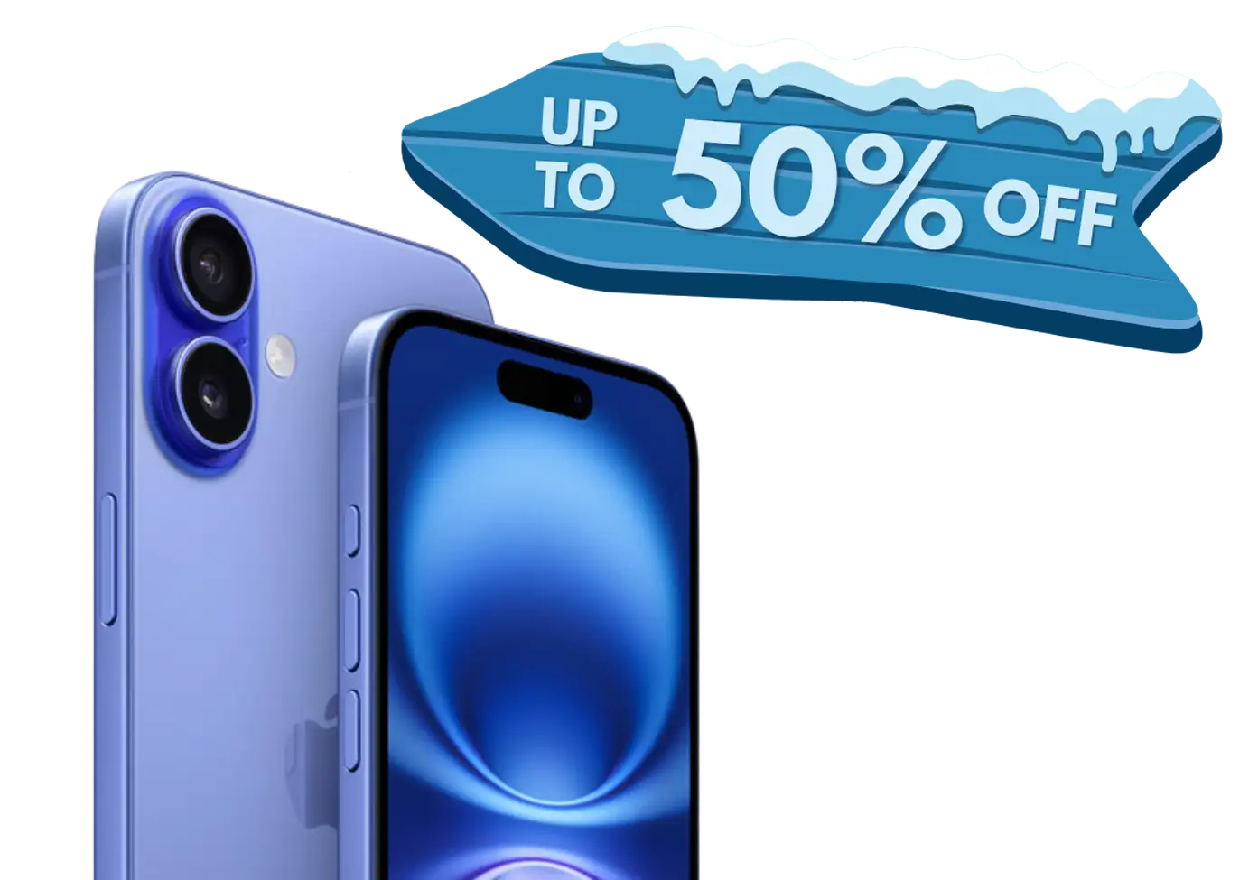 iPhone 16 next to winter sale sign with up to 50% off business mobiles