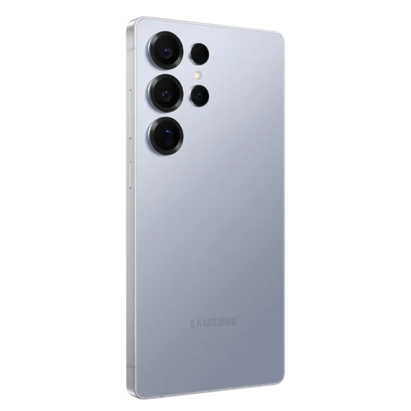 Rear side of Samsung Galaxy S25 Ultra smartphone with 5x camera in Titanium Silverblue