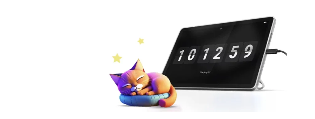 Cartoon cat sleeps next to Lenovo Tab 4G with alarm clock