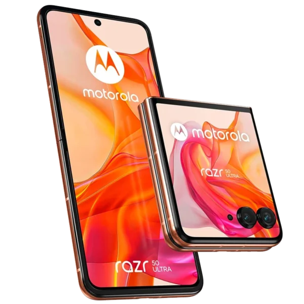 Folded and unfolded Motorola Razr 50 Ultra smartphone for business in Peach Fuzz