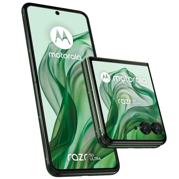 Folded and unfolded Motorola Razr 50 Ultra smartphone for business in Spring Green