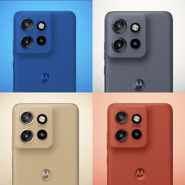 All colours of Motorola Edge 50 Neo in Grey, Blue, Tan, and Orange